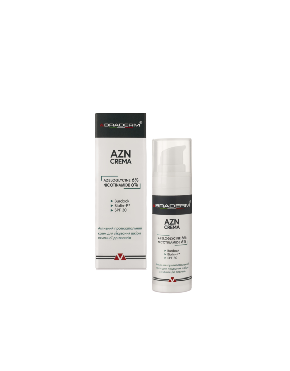Braderm Azn Cream SPF 30 Зволожуючий сонцезахисний крем для всіх типів шкіри з пребіотиками, 30 мл
