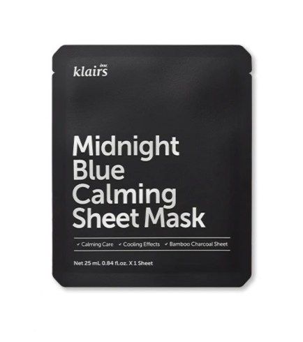 Dear, Klairs Midnight Blue Calming Sheet Mask Заспокійлива тканинна маска з центелою та екстрактом кори білої верби для чутливої шкіри, 1 шт.