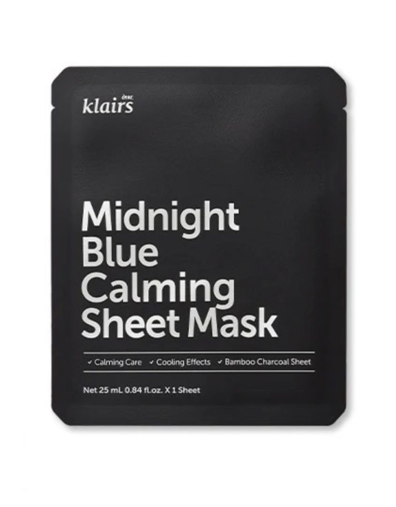 Dear, Klairs Midnight Blue Calming Sheet Mask Заспокійлива тканинна маска з центелою та екстрактом кори білої верби для чутливої шкіри, 1 шт.